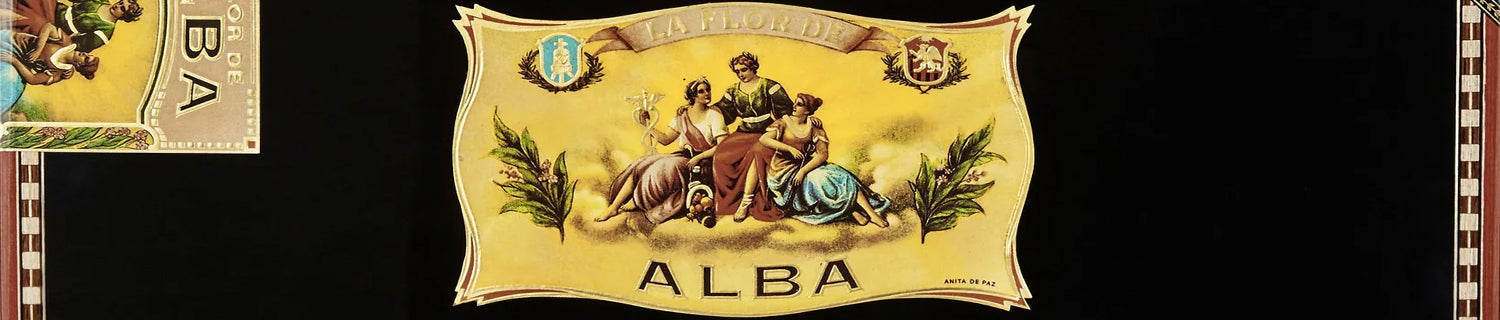 A red and black cigar box with decorative gold seals and inscriptions on the lid.