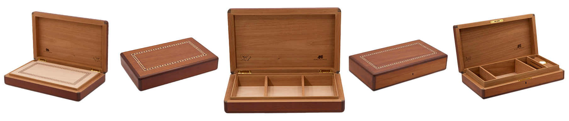 Four views of a rectangular wooden box with a hinged lid, interior dividers, and decorative inlay on the lid.