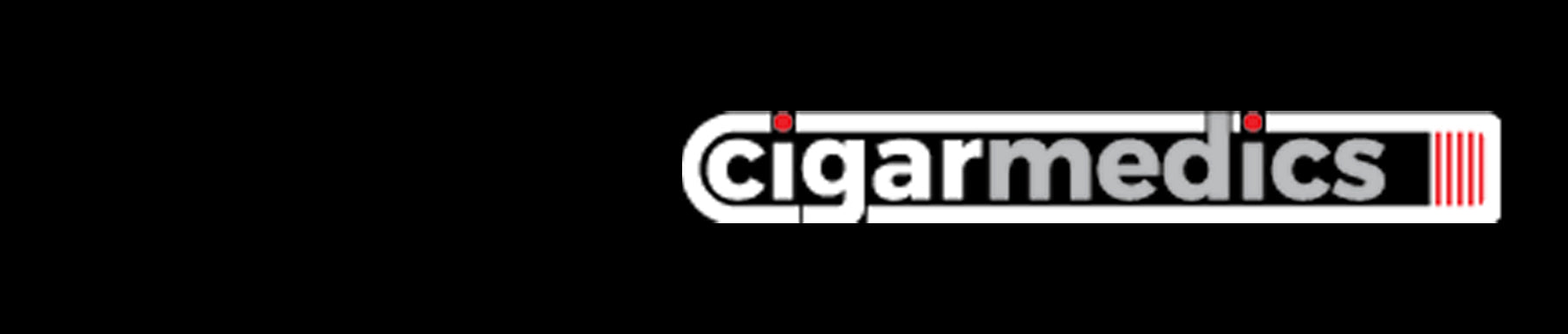 Cigarmedics logo with black background and bold white and gray text, featuring red accents and vertical red lines on the right.