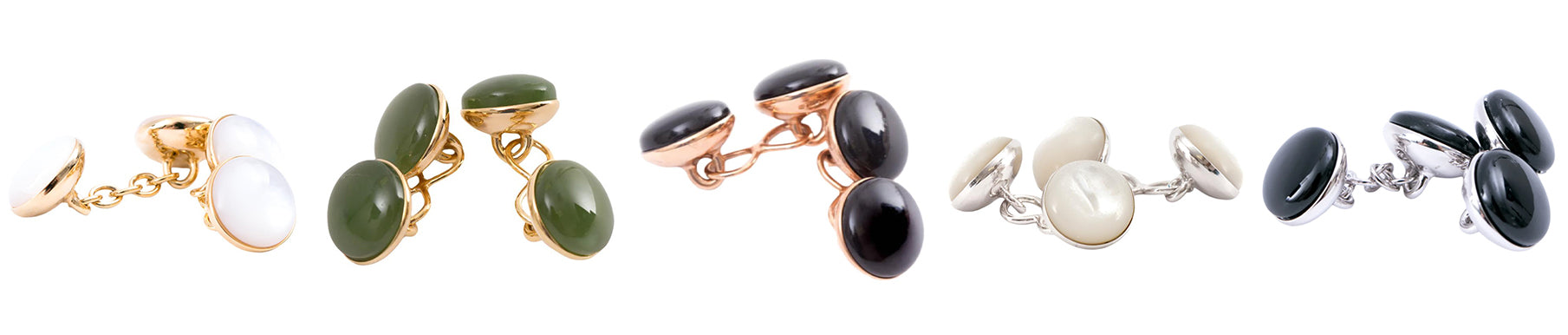 Four pairs of cufflinks arranged in a row, featuring different designs and color combinations: white and gold, green and gold, black and rose gold, and black and silver.
