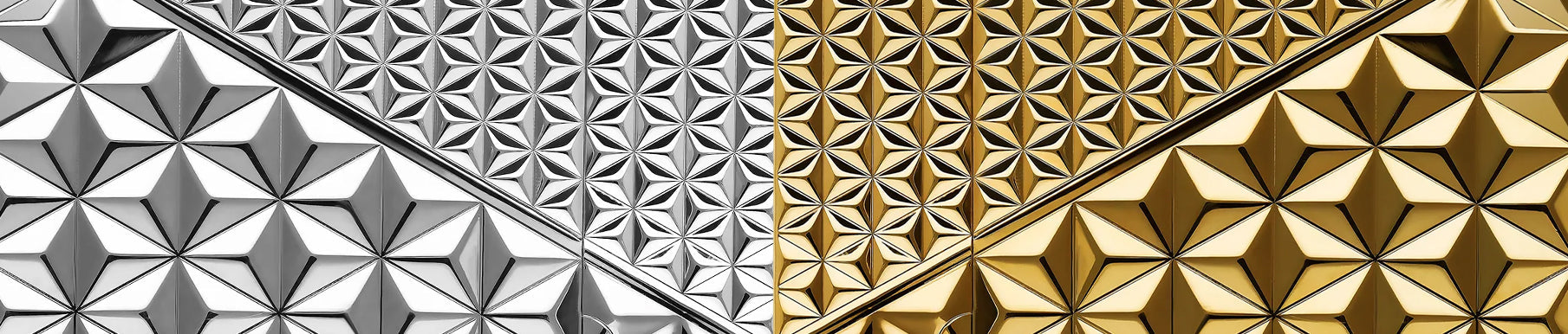 Geometric pattern with triangular shapes, divided into metallic silver and gold sections.