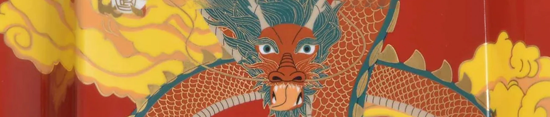 Illustration of a red dragon with blue mane and long whiskers against a red background with yellow clouds.