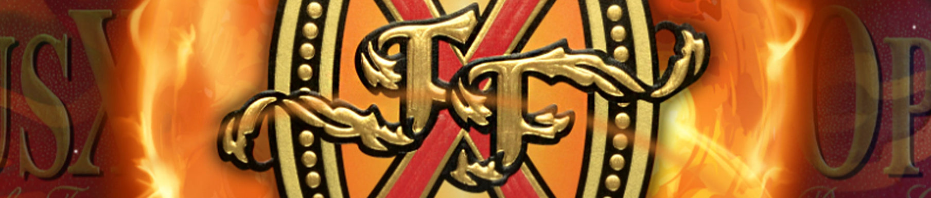 Gold ornate letters "F F" are intertwined in front of a red and gold oval emblem, with a fiery orange background.