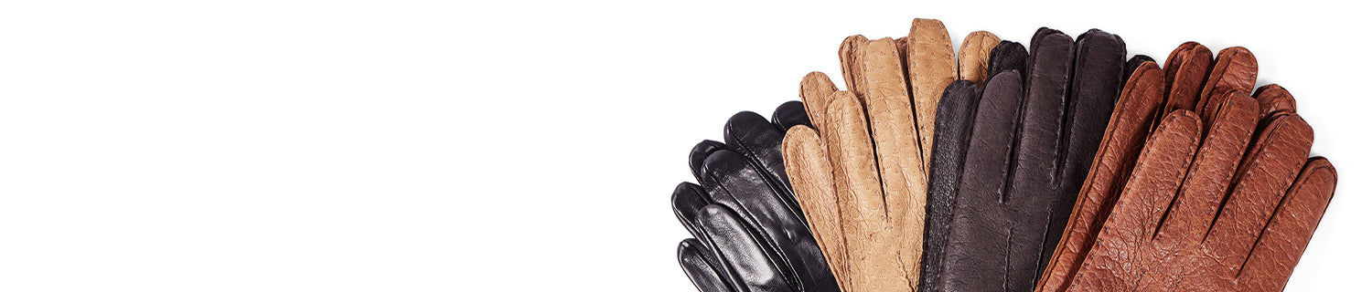 A fan display of assorted leather gloves in black, beige, brown, and tan against a white background.