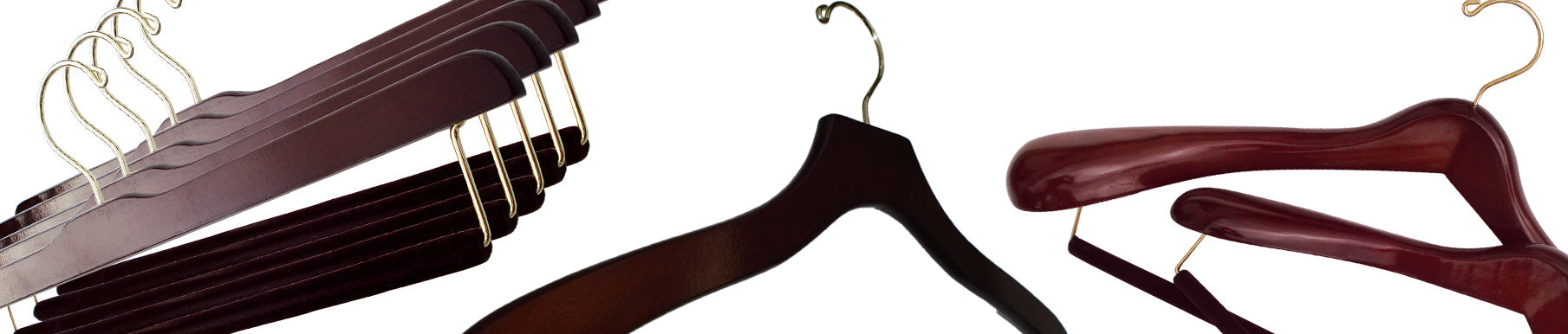 A variety of wooden hangers with metal hooks displayed against a white background.