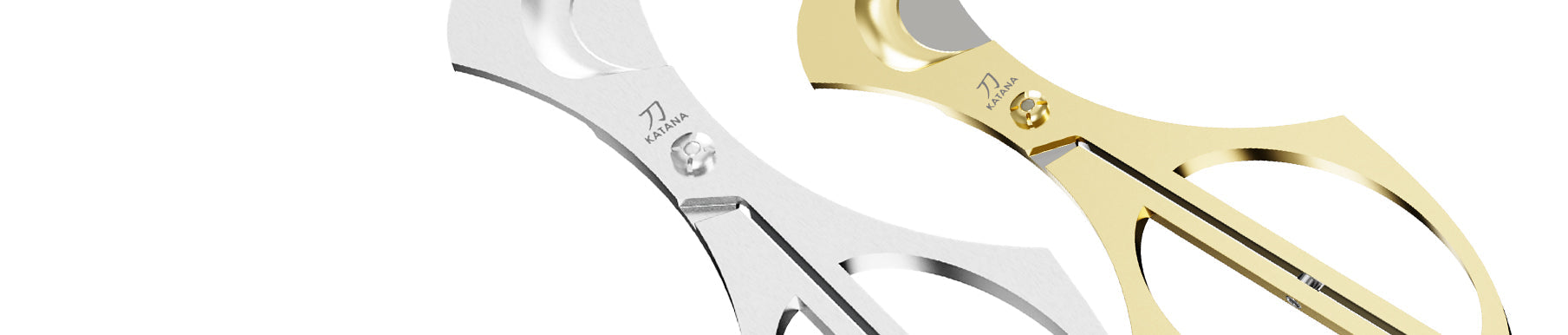 Close-up of two metallic nail scissors, one silver and one gold, positioned diagonally on a white background.