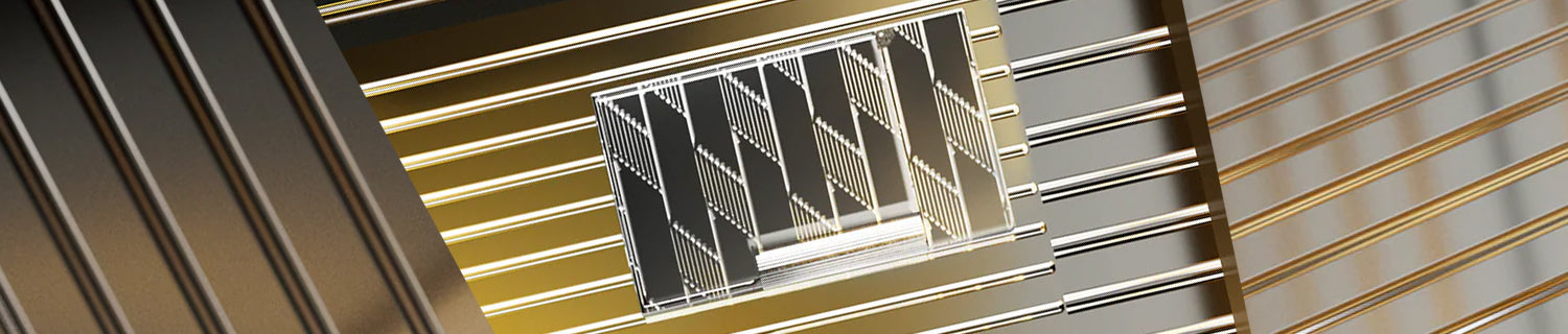 Abstract composition featuring reflective metal surfaces and striped patterns in an angular arrangement.