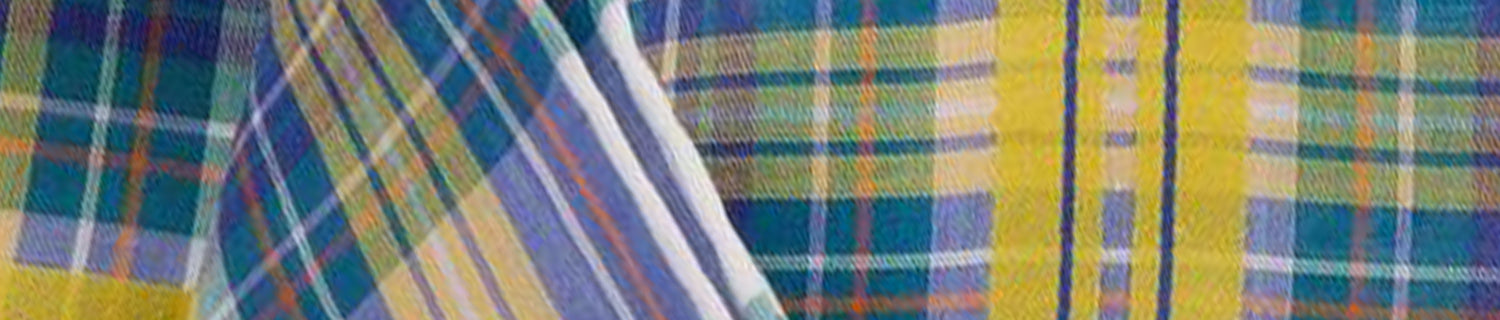 Red, blue, and beige plaid fabric with vertical and horizontal stripes.