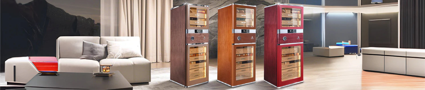 Three wooden wine coolers are displayed in a modern living room with beige sofas and curtains.