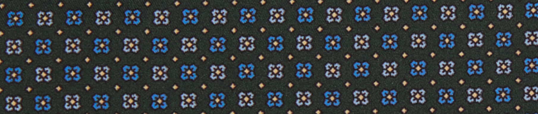 A repeating pattern of small blue, white, and yellow floral shapes arranged in rows on a dark background.