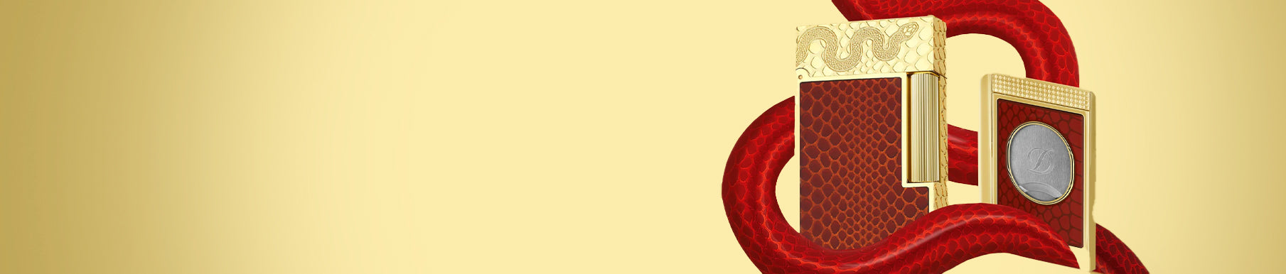 Gold and red lighter with snake pattern design, set against a braided red rope and a light yellow background.