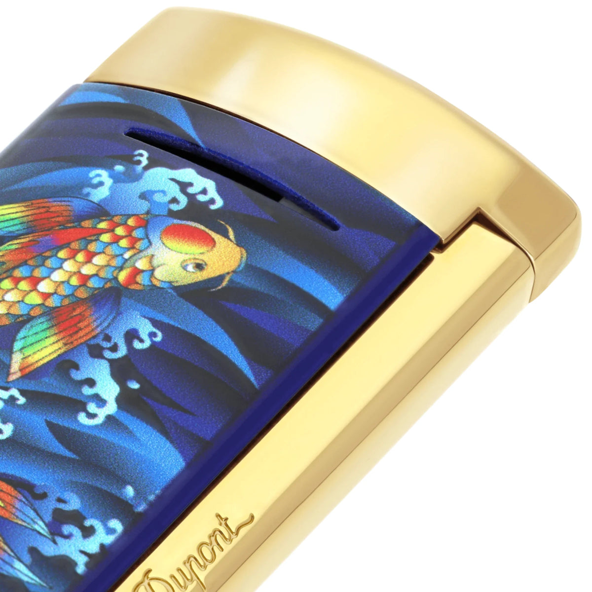 The S.T. Dupont Minijet Koi Fish Lighter by ST Dupont features a detailed design reminiscent of Japanese woodblock prints, depicting a colorful koi fish swimming among waves. The top edge is metallic gold, and "S.T. Dupont" is engraved near the bottom.