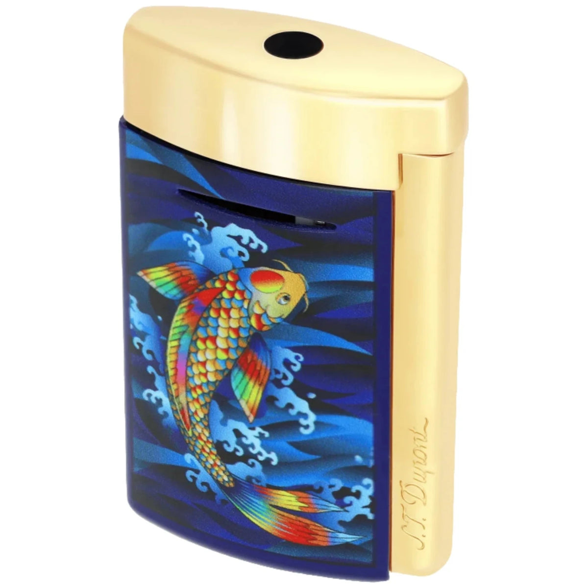 The ST Dupont Minijet Koi Fish Lighter features a detailed, colorful koi fish design reminiscent of Japanese woodblock prints on a tranquil blue background.