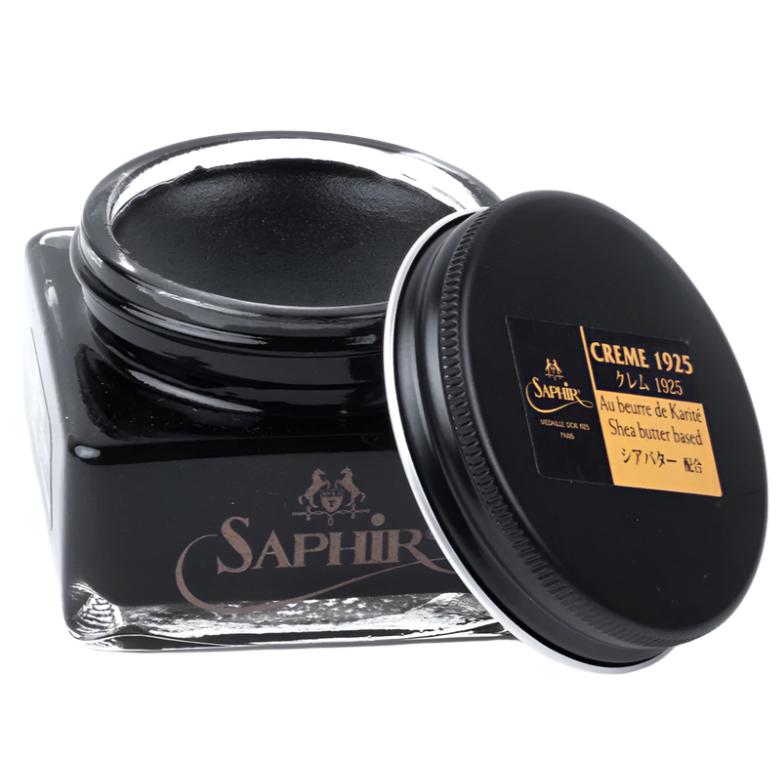 A jar of black ink with a gold lid for Saphir Pommadier Cream Shoe Polish by KirbyAllison.com.