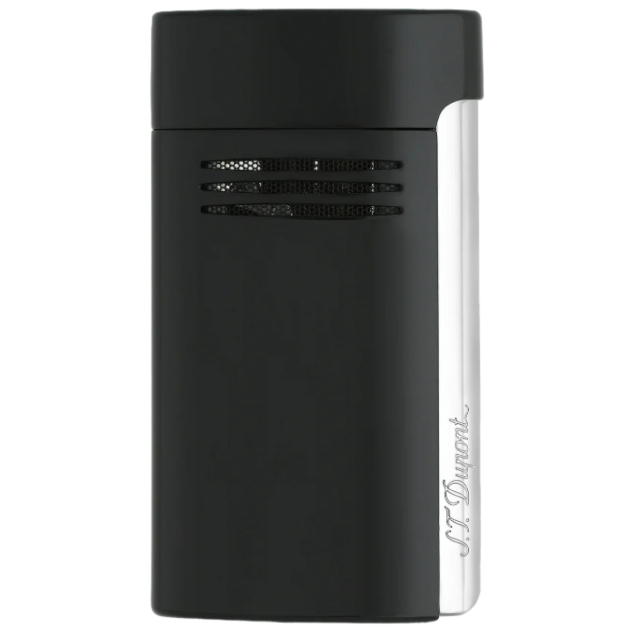 Black electronic device with a brand logo on a white background