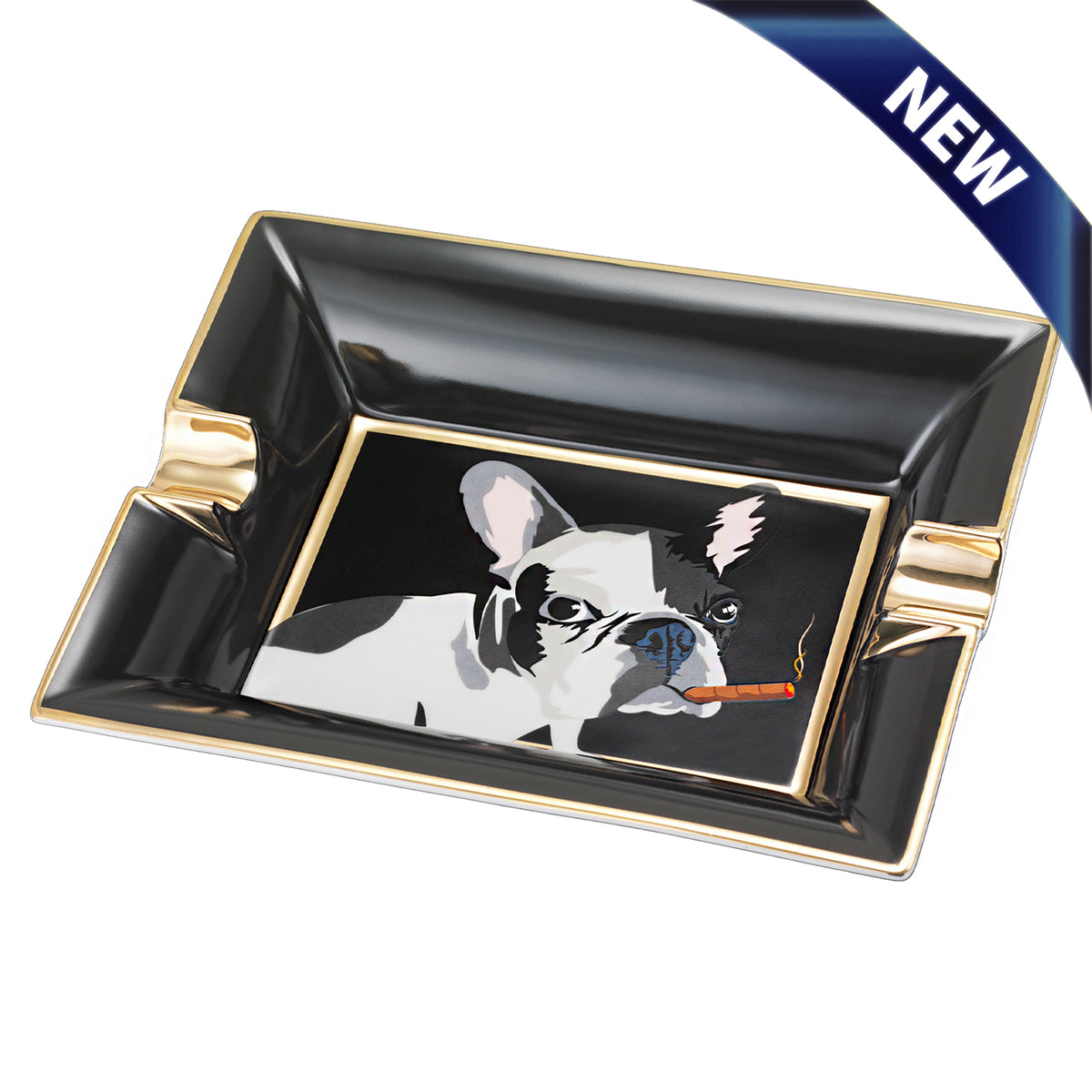 Black porcelain ashtray with gold trim featuring a white and black dog illustration holding a cigar on center panel.