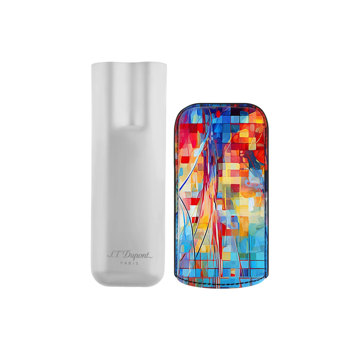 A white S.T. Dupont Graff'ty Multicolor 2 Cigar Case with "ST Dupont Paris" engraved, perfect for cigar accessories, and a pocket lighter from the Graff'ty collection featuring a colorful mosaic pattern.