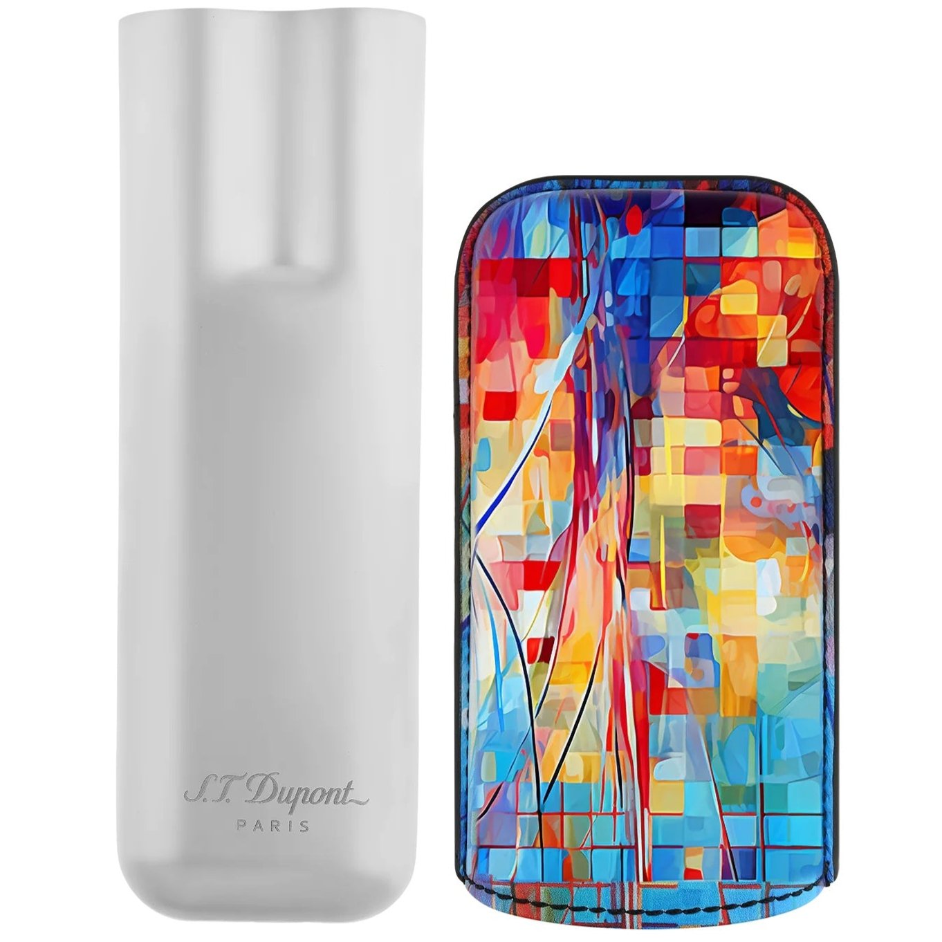 A white S.T. Dupont Graff'ty Multicolor 2 Cigar Case with "ST Dupont Paris" engraved, perfect for cigar accessories, and a pocket lighter from the Graff'ty collection featuring a colorful mosaic pattern.