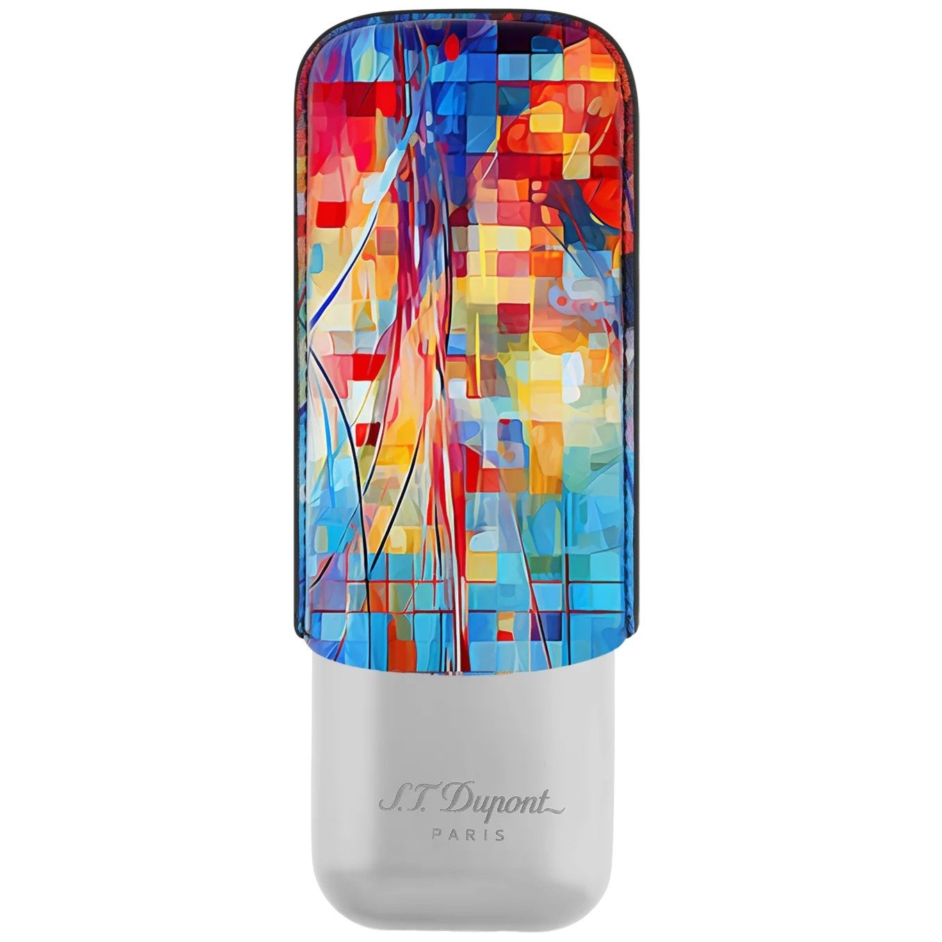 This colorful rectangular object features a vibrant, abstract design on its upper half from the Graff'ty collection, while the brand name "ST Dupont" adorns the plain white lower half. Ideal for enhancing your cigar accessories collection, the S.T. Dupont Graff'ty Multicolor 2 Cigar Case is a perfect choice.