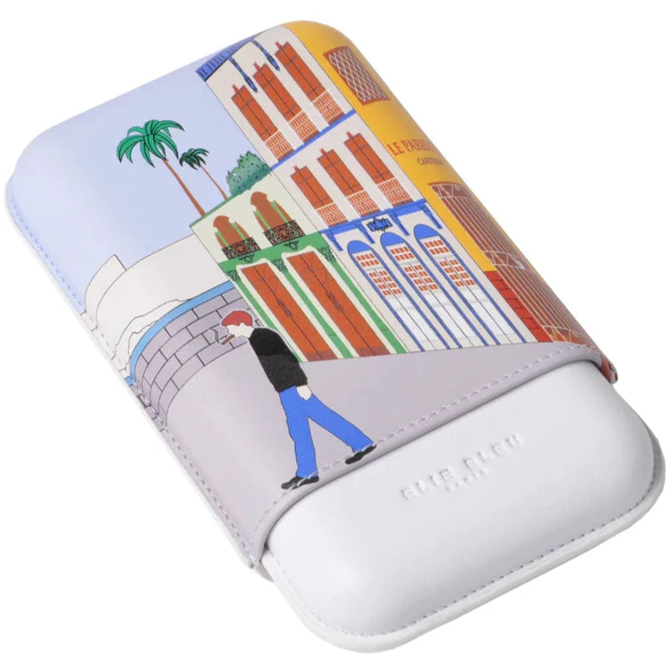 An Elie Bleu "Casa Cubana" 3 Cigar Case featuring a picture of a man walking down a street in Havana colors.