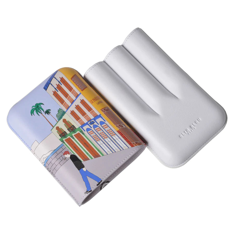 A white Elie Bleu "Casa Cubana" 3 Cigar Case with a picture of a man and a woman.