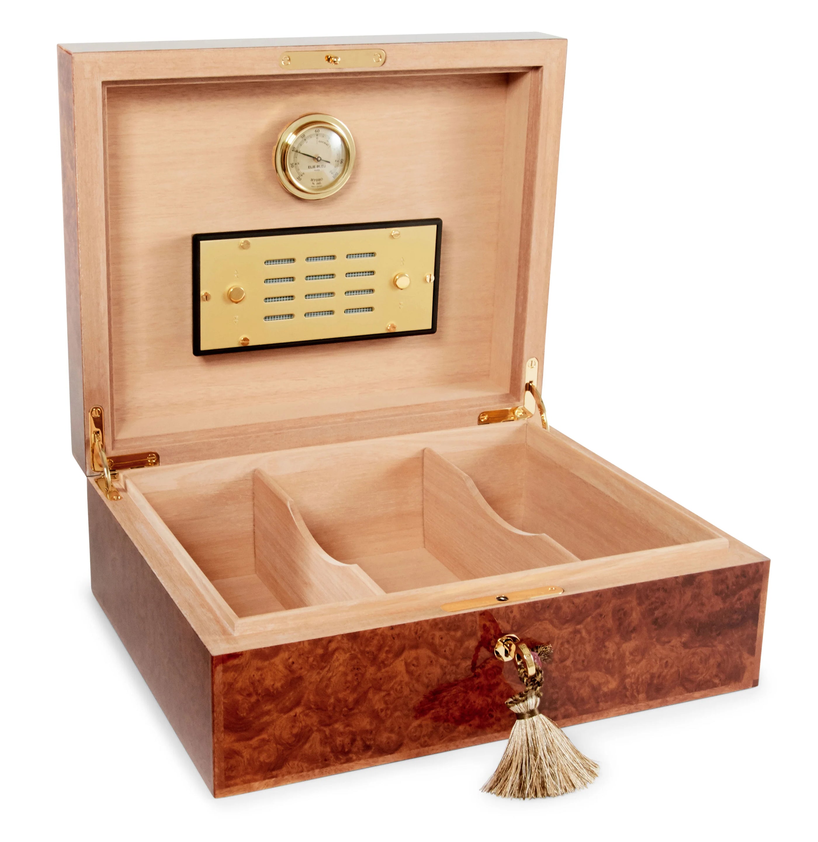 An Elie Bleu Amboyna Burl "Classic" Humidor - 110 Cigars with a wooden tassel.