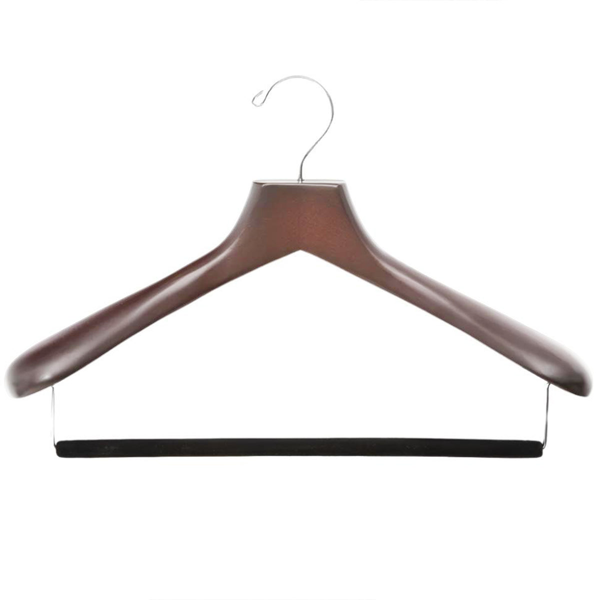Dark wood suit hanger with curved shoulders, metal hook, and black felt-lined bar.