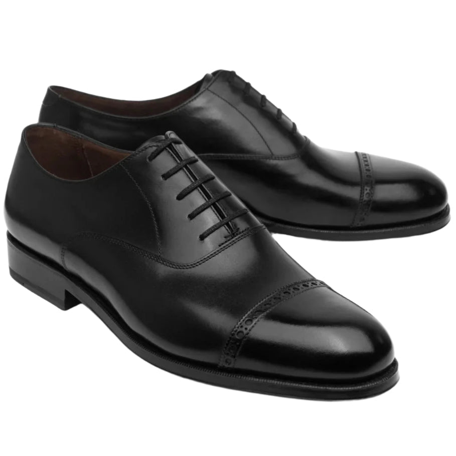 Bridlen's Punch Cap Oxford, Rui Last shoes, crafted from box calf leather with sleek cap-toe detailing and laces, are elegantly displayed on a white background—perfect for formal occasions.