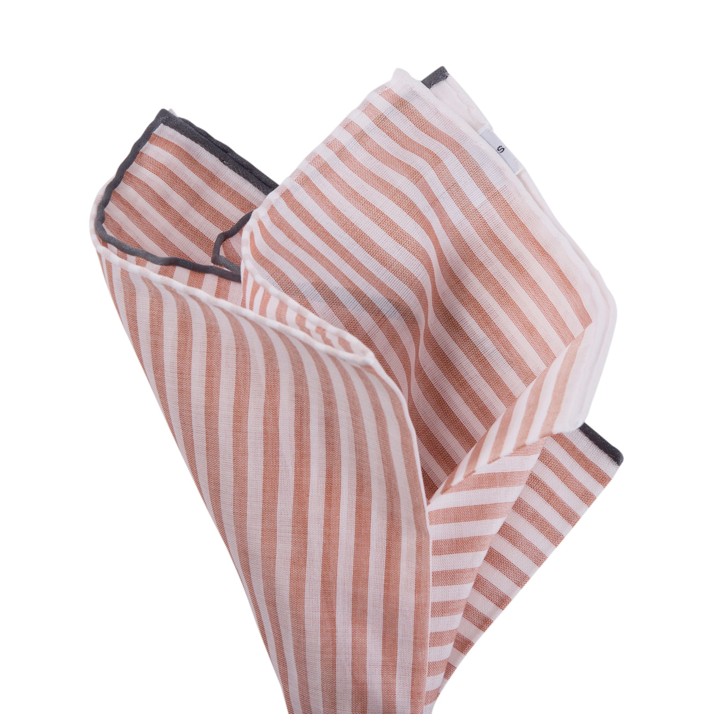 Simonnot Godard Light Brown & White Striped Cotton Pocket Square