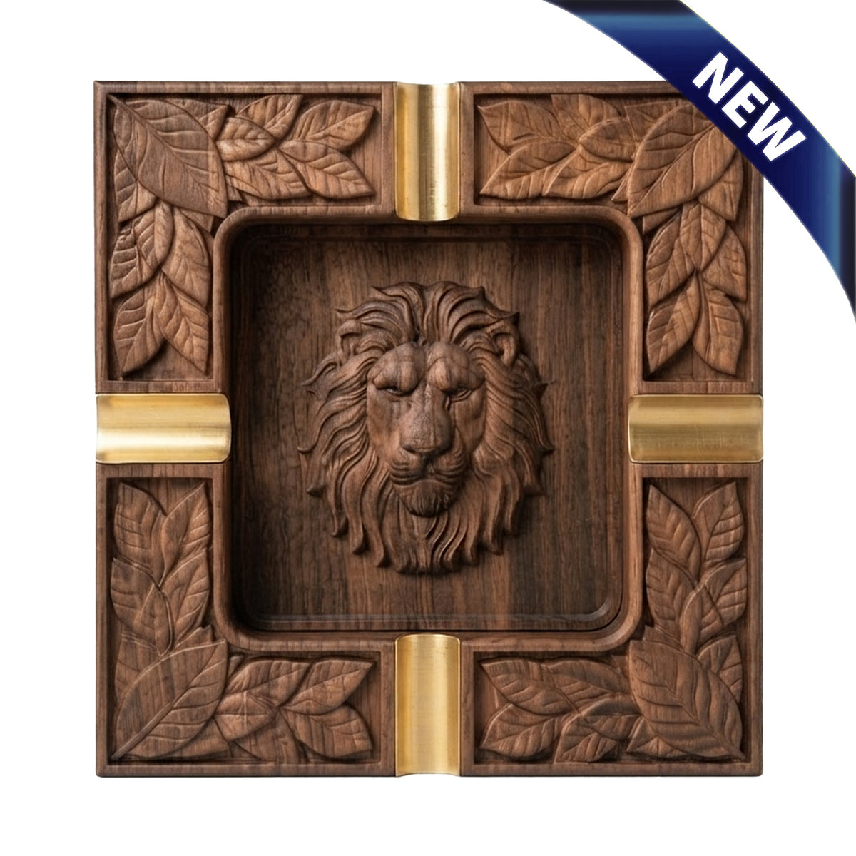 A square carved wooden ashtray featuring a detailed lion head in the center and leaf motifs around the border, accented with gold-toned metal dividers, shown on a white background with a blue 'NEW' ribbon in the top right corner.