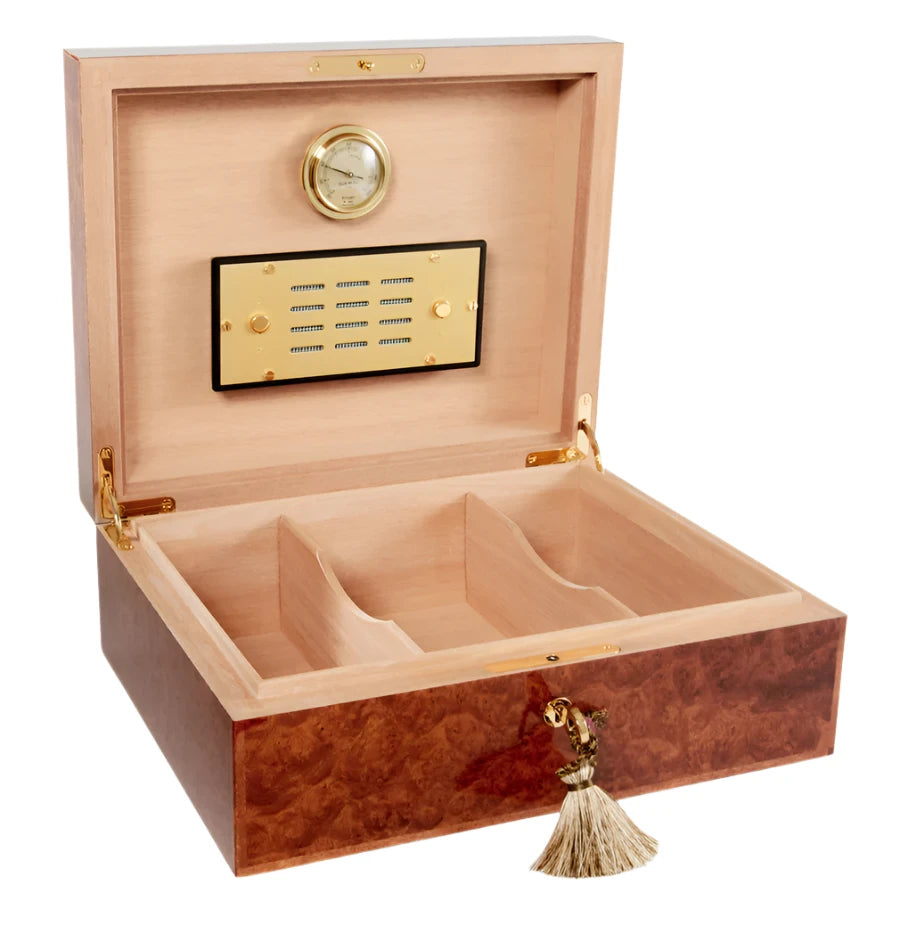 An Elie Bleu Amboyna Burl "Classic" Humidor - 75 Cigars with a tassel for your cigar collection.