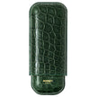 Dark green crocodile leather cigar case with rounded rectangular shape and gold Bosquet logo on front.