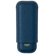 Dark blue grained leather cigar case with rounded rectangular shape and gold Bosquet Paris branding on lower front.