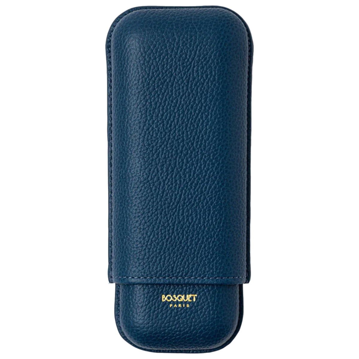 Dark blue grained leather cigar case with rounded rectangular shape and gold Bosquet Paris branding on lower front.