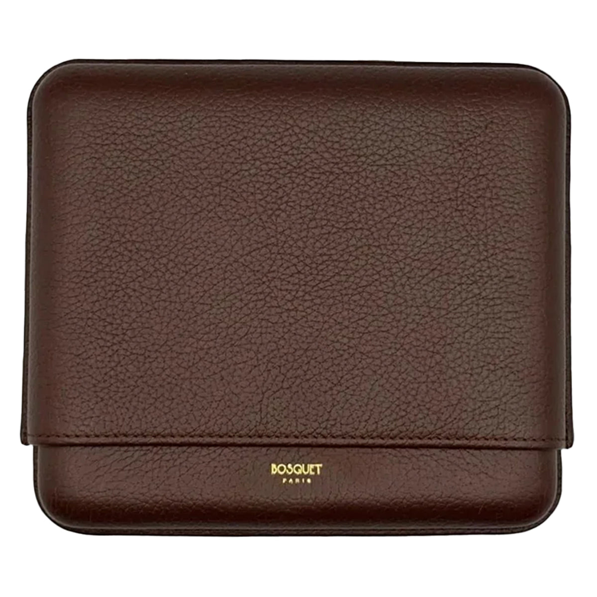 Brown grained leather cigar case with rounded corners and "Bosquet Paris" branding on front flap.