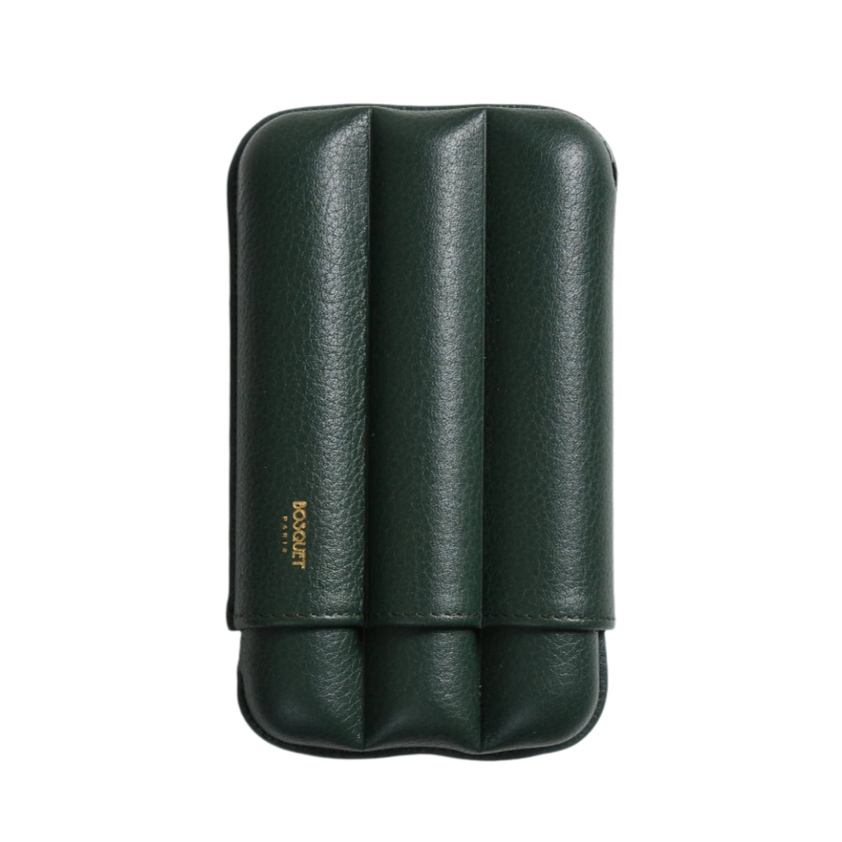 A green leather Bosque cigar case on a white surface.