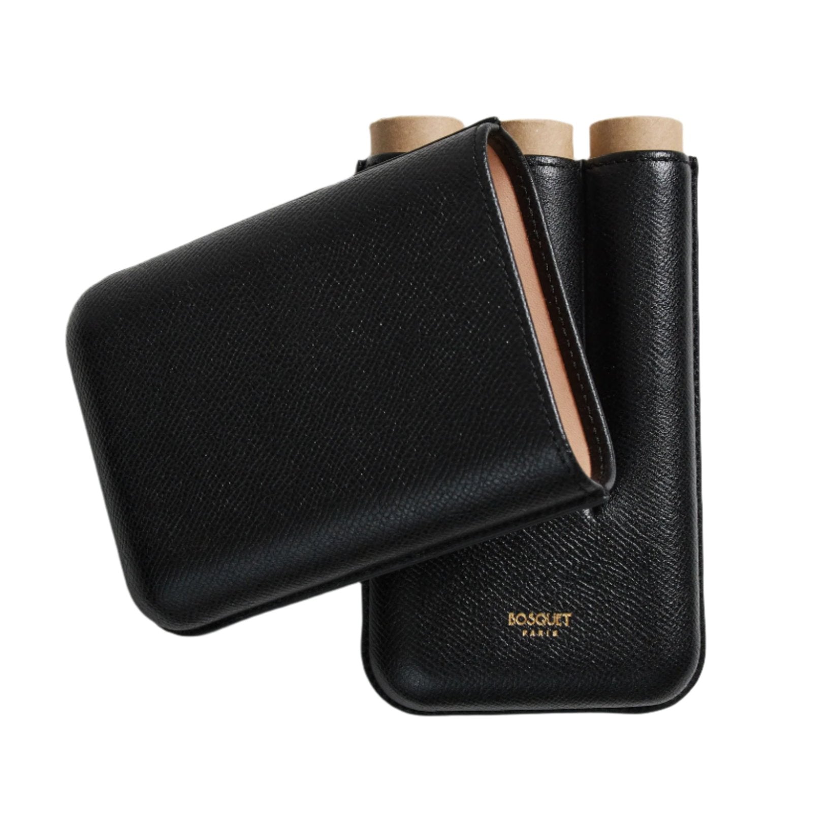 A Bosque Smooth Black Cylindrical Leather Cigar Case made with French leathers and a black cover.