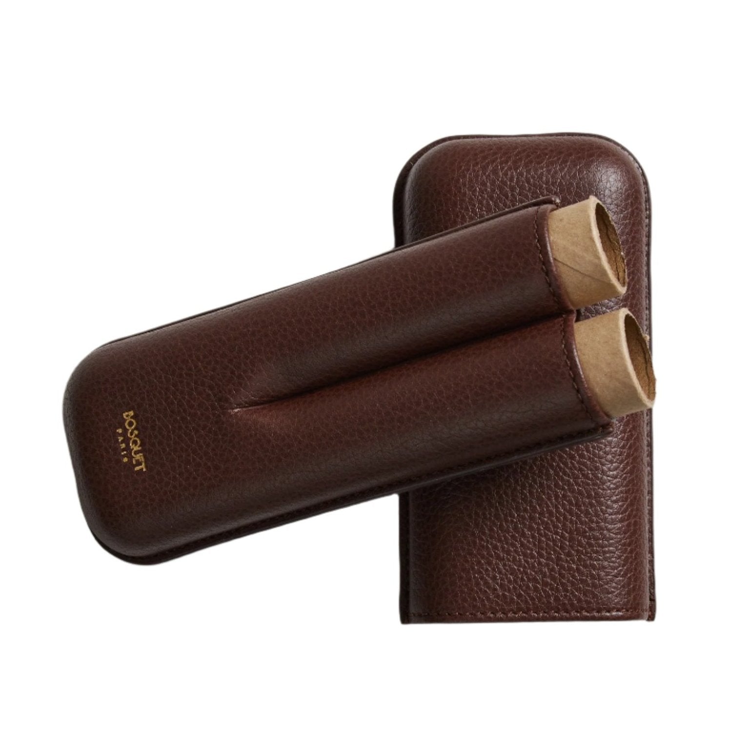 A brown leather Bosque cigar case on a white surface.