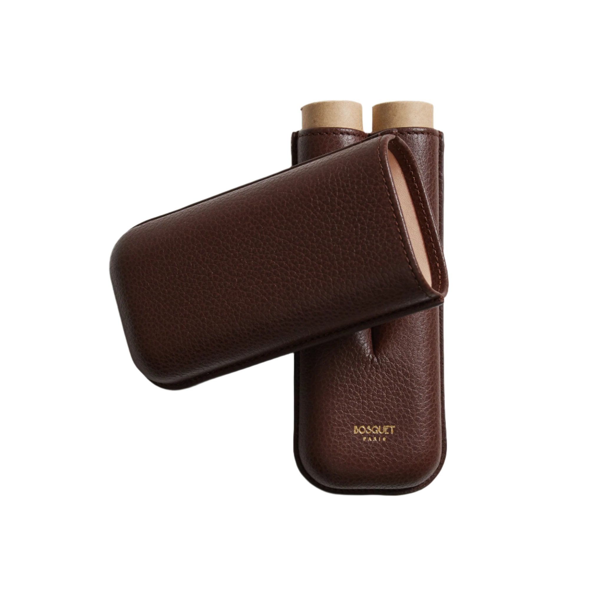 Two Bosque Smooth Dark Brown Leather Cigar Cases on a white surface.