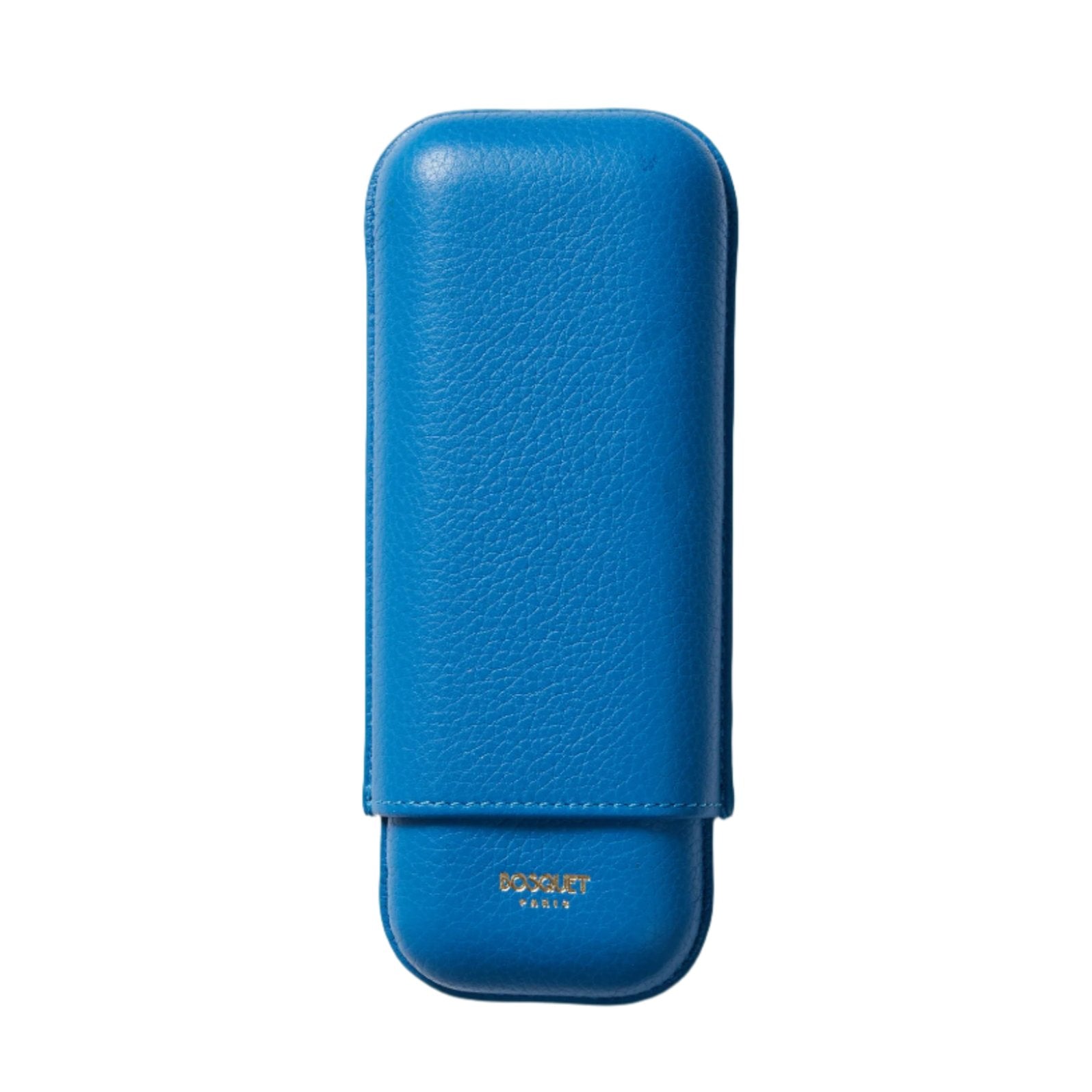 A Bosque Bosquet Smooth Capri Blue Leather Cigar Case sitting on a white surface.