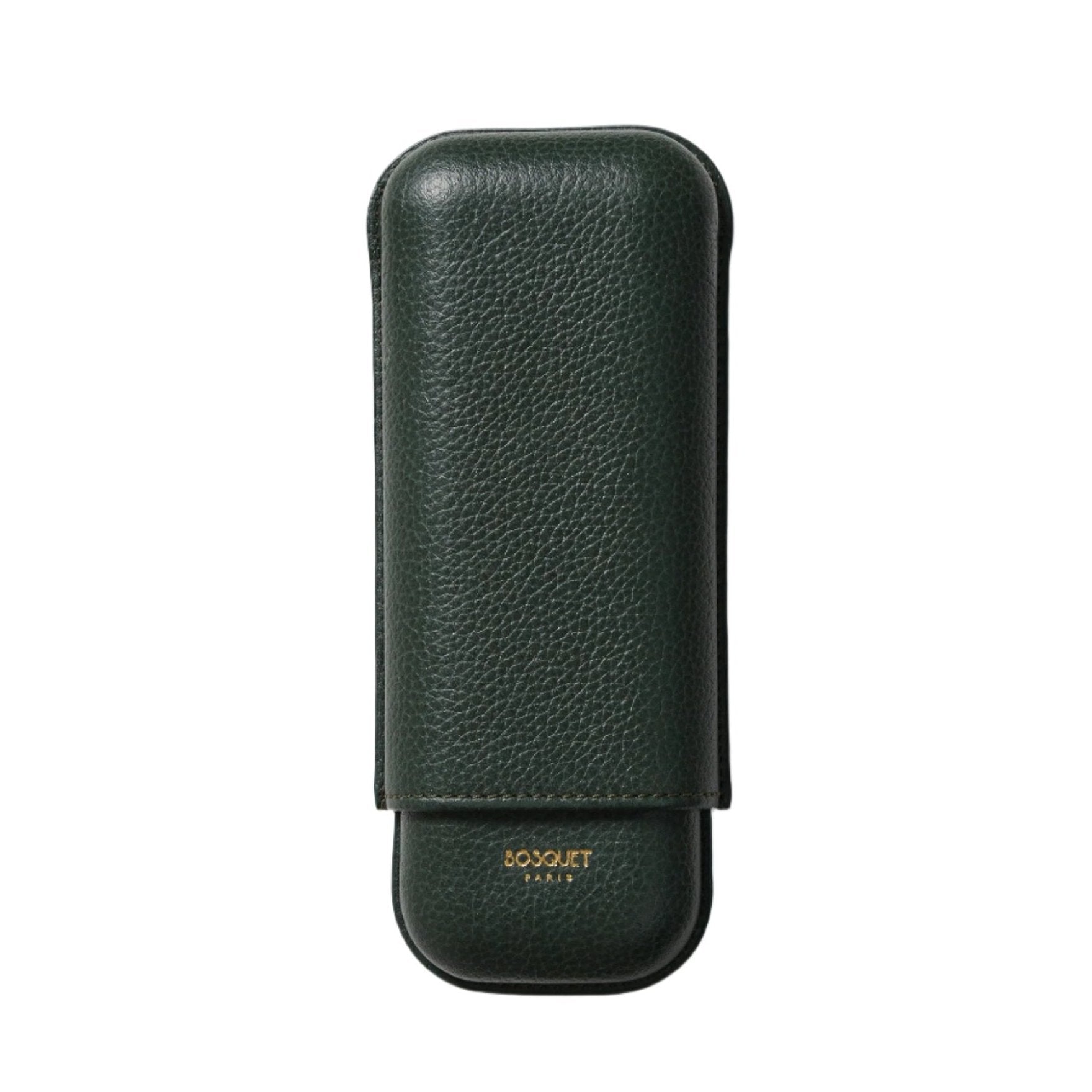 A Bosque Smooth Forest Green Leather Cigar Case for transporting cigars on a white surface.