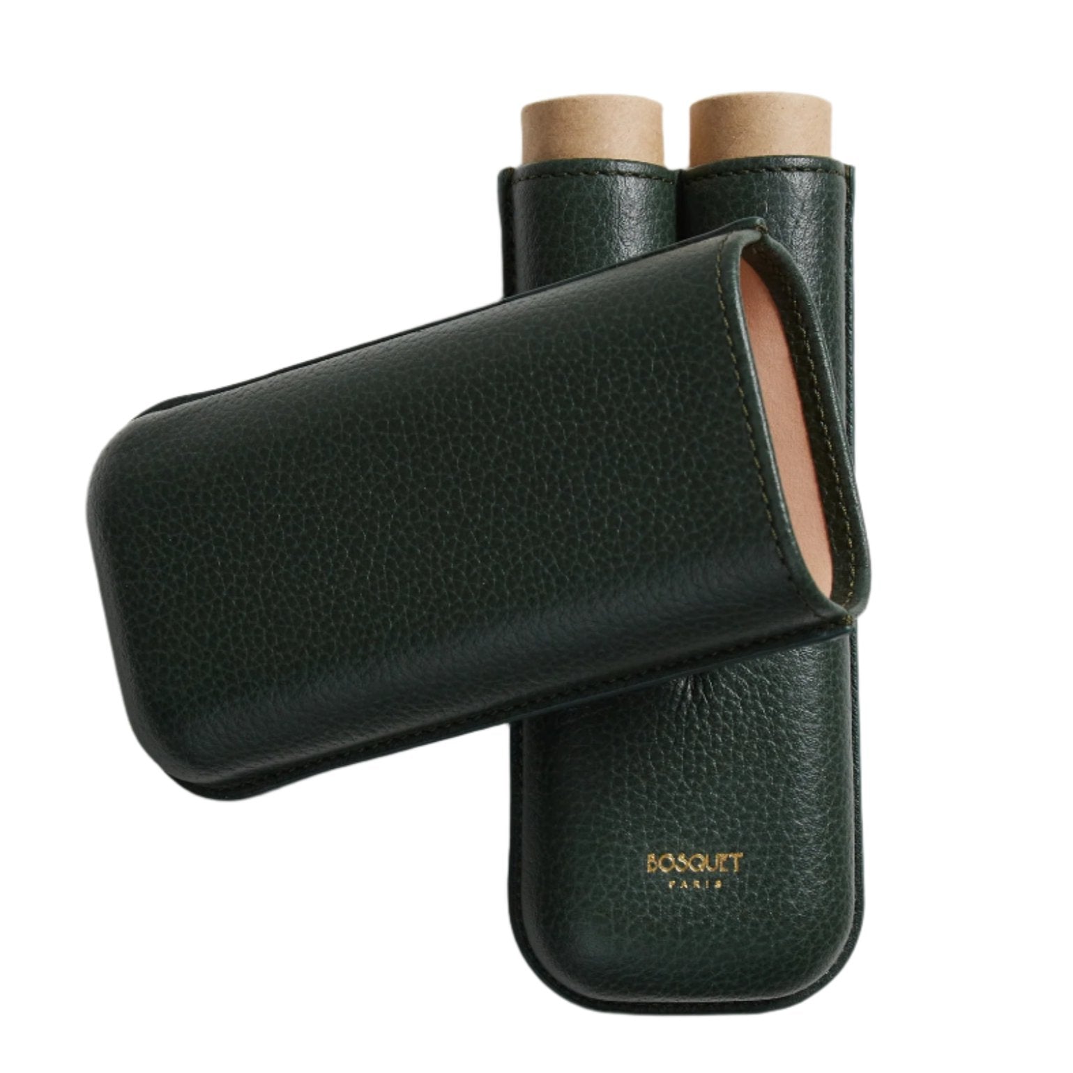 Two Bosque Smooth Forest Green Leather Cigar Cases on a white surface for transporting cigars.