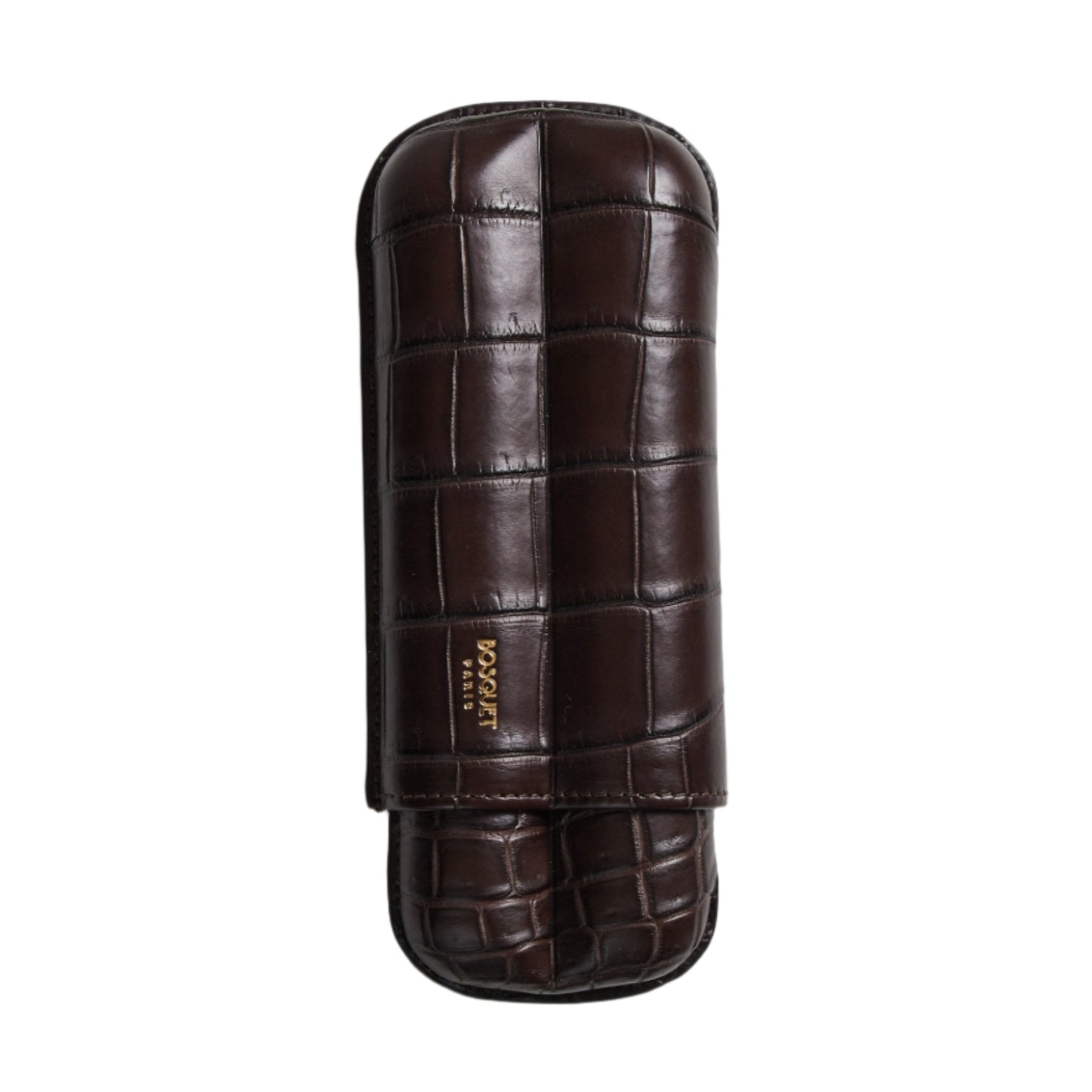 A Bosque Bosquet Crocodile Cigar Case, Dark Brown featuring five different layers on a white surface.