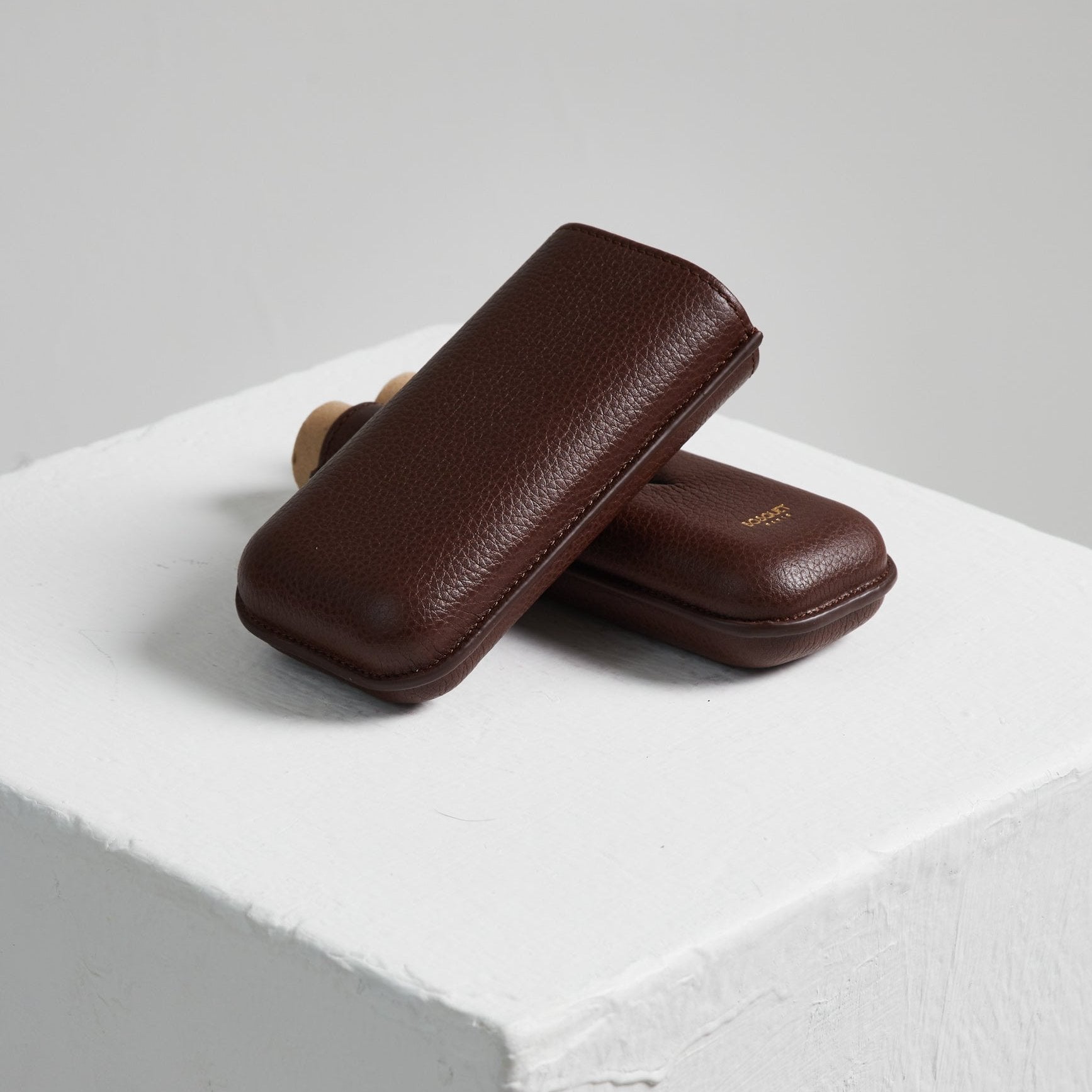 Two French leathers transported in Bosque Smooth Dark Brown Leather Cigar Cases on top of a white cube.