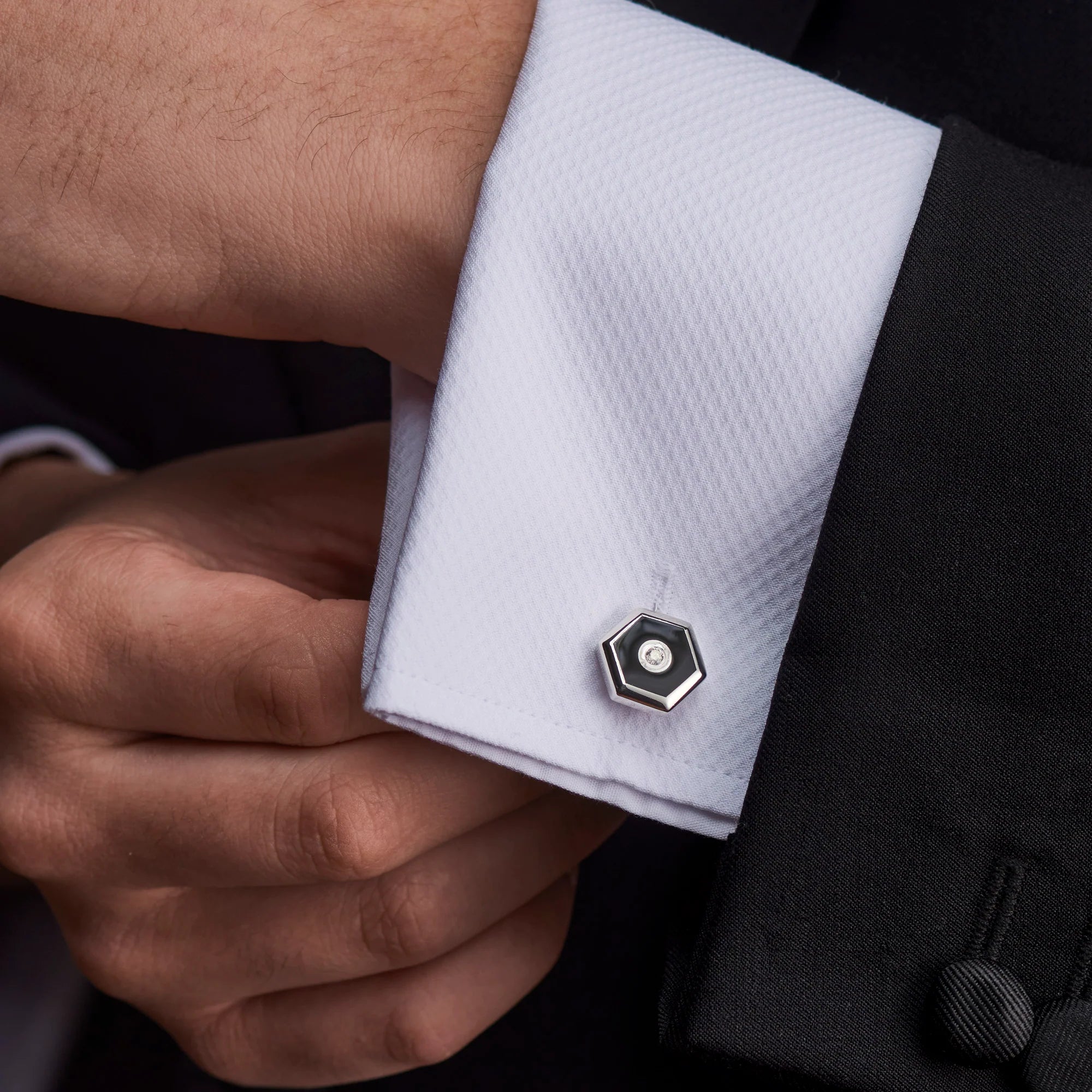 Deakin & Francis Onyx and Diamond Hexagonal Sterling Silver Cufflinks