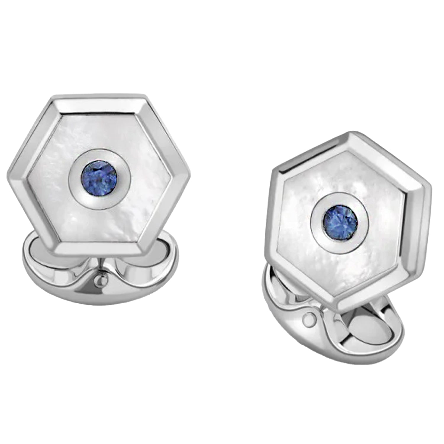 Deakin & Francis Hexagonal Mother-of-Pearl & Sapphire Sterling Silver Dress Stud Set