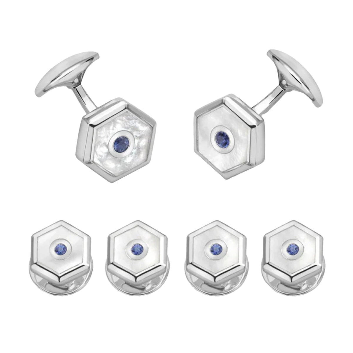 Deakin & Francis Hexagonal Mother-of-Pearl & Sapphire Sterling Silver Dress Stud Set