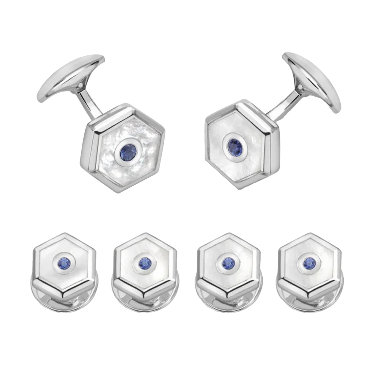 Deakin & Francis Hexagonal Mother-of-Pearl & Sapphire Sterling Silver Dress Stud Set