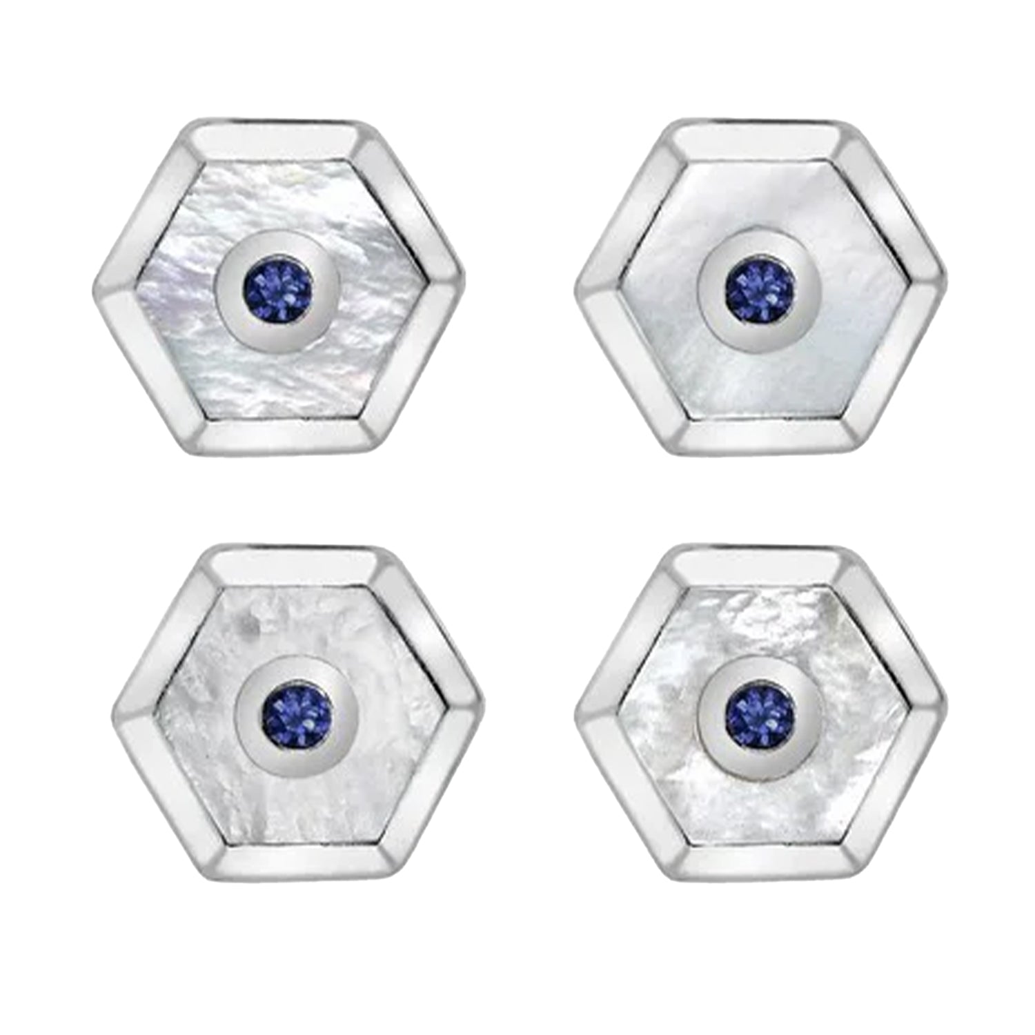 Deakin & Francis Hexagonal Mother-of-Pearl & Sapphire Sterling Silver Dress Stud Set