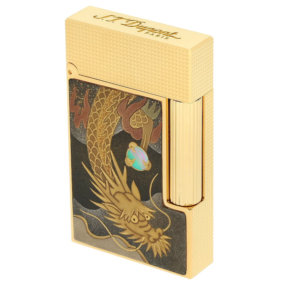 Gold lighter with dragon and mother-of-pearl inlay on black lacquered panel, featuring textured cream case.